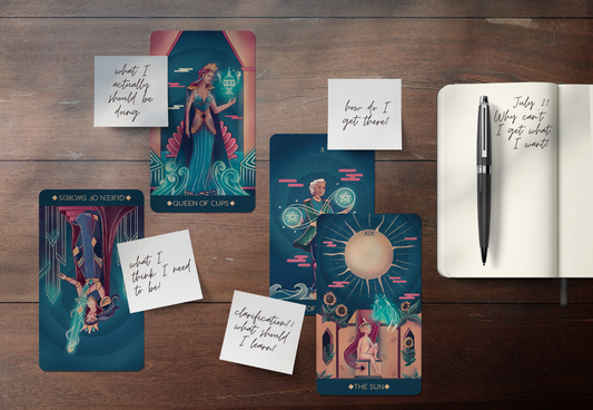 Fantome tarot deck with notes around them