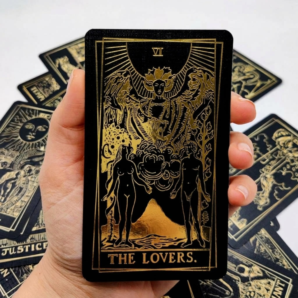 Âme Tarot Deck, black and gold Rider Waite tarot cards with gold foil, extra photo