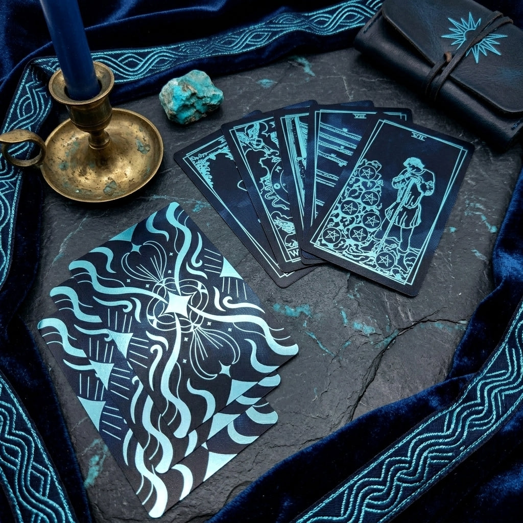 Blue Dreams tarot deck, black cards with blue foil Rider Waite artwork, main photo