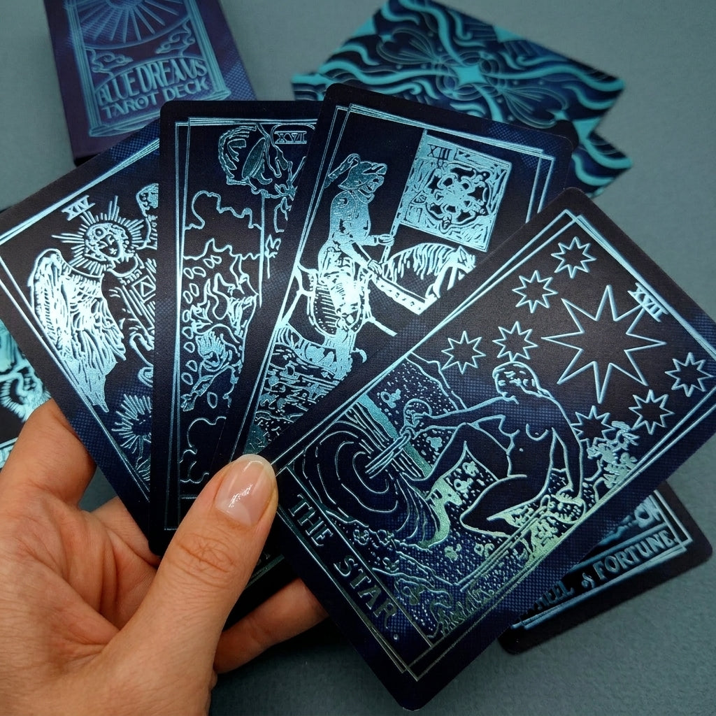 Blue Dreams tarot deck, black cards with blue foil Rider Waite artwork, extra photo