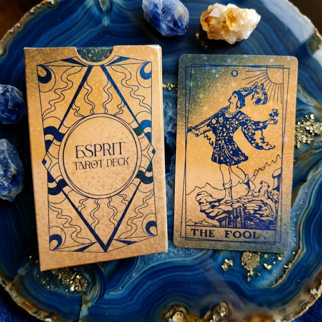Esprit tarot deck, gold glitter tarot cards with black Rider Waite line art, main photo