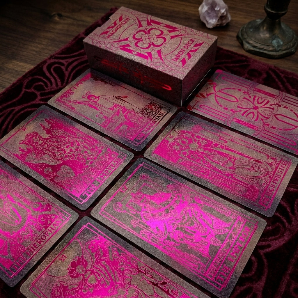 Magnifique tarot deck, black tarot cards with bright pink foil, extra photo