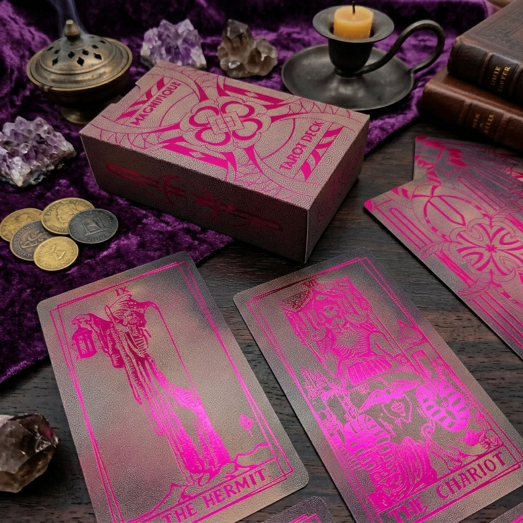 Magnifique tarot deck, black tarot cards with bright pink foil, main photo
