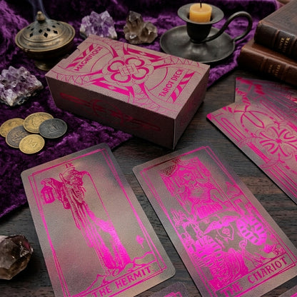 Magnifique tarot deck, black tarot cards with bright pink foil, main photo